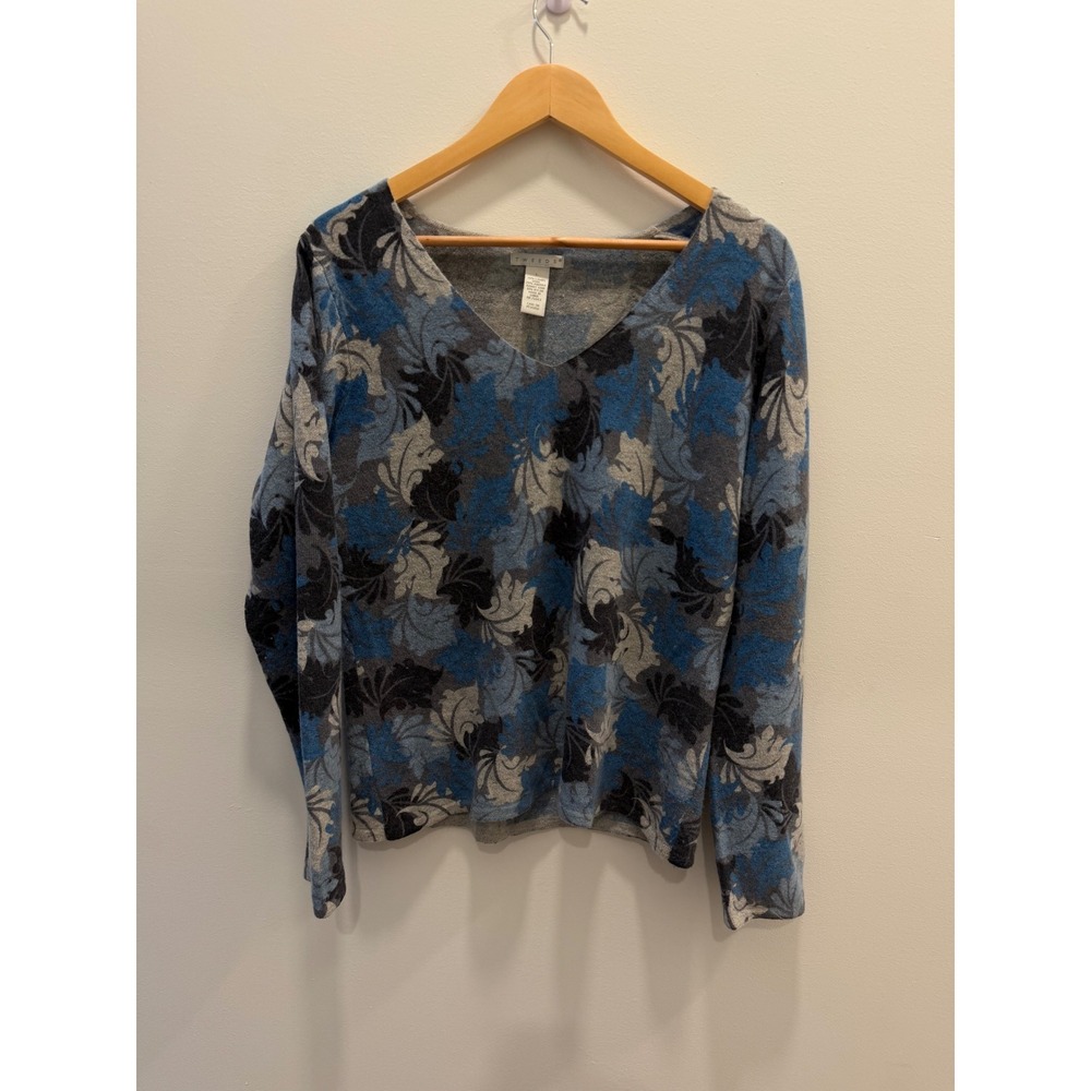 Tweeds Lambswool Angora Sweater L Blue Gray Floral V Neck Wool Women's